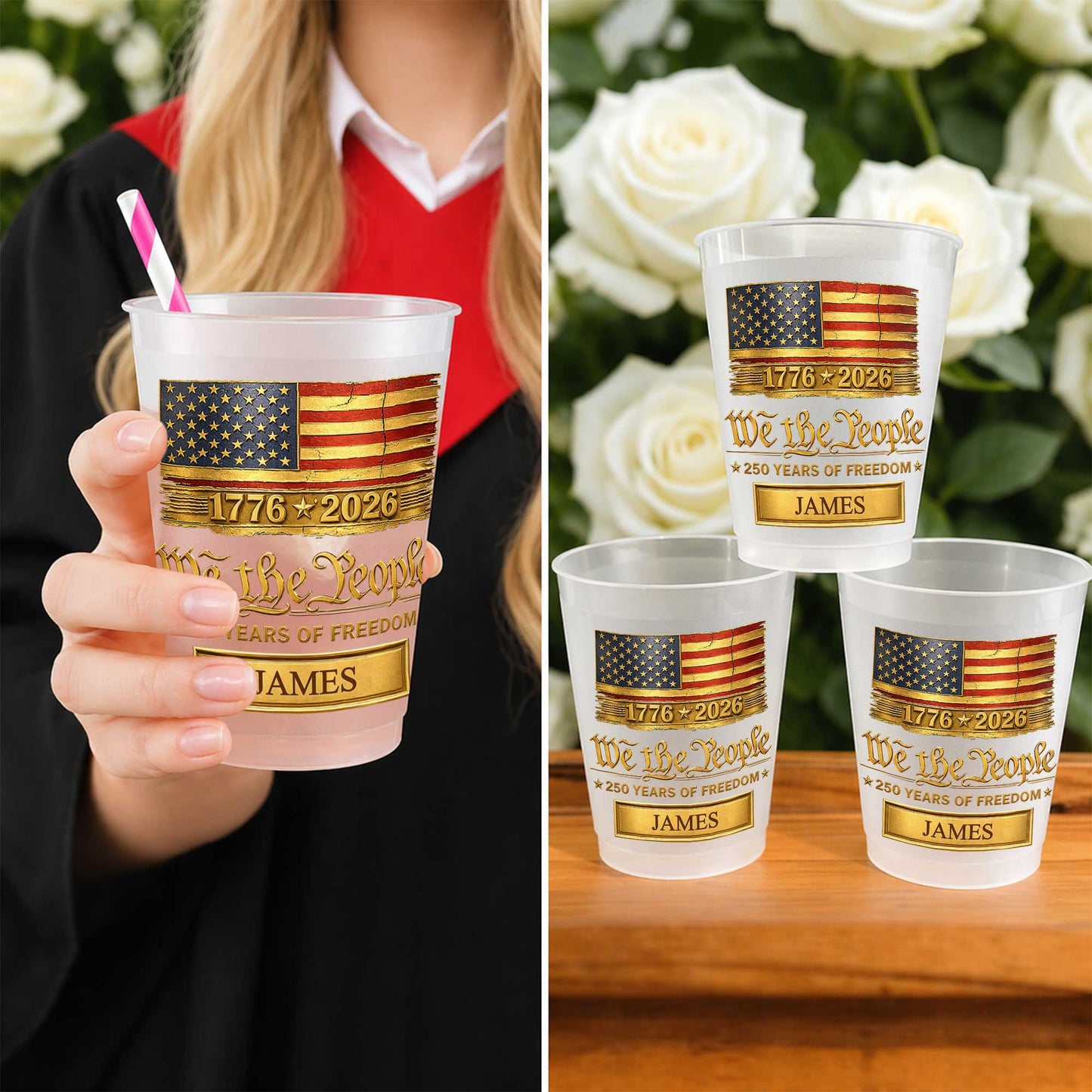 We The People Years Of Freedom American Flag Gold Banner - Personalized Frosted Cups - INDE257_FCUP