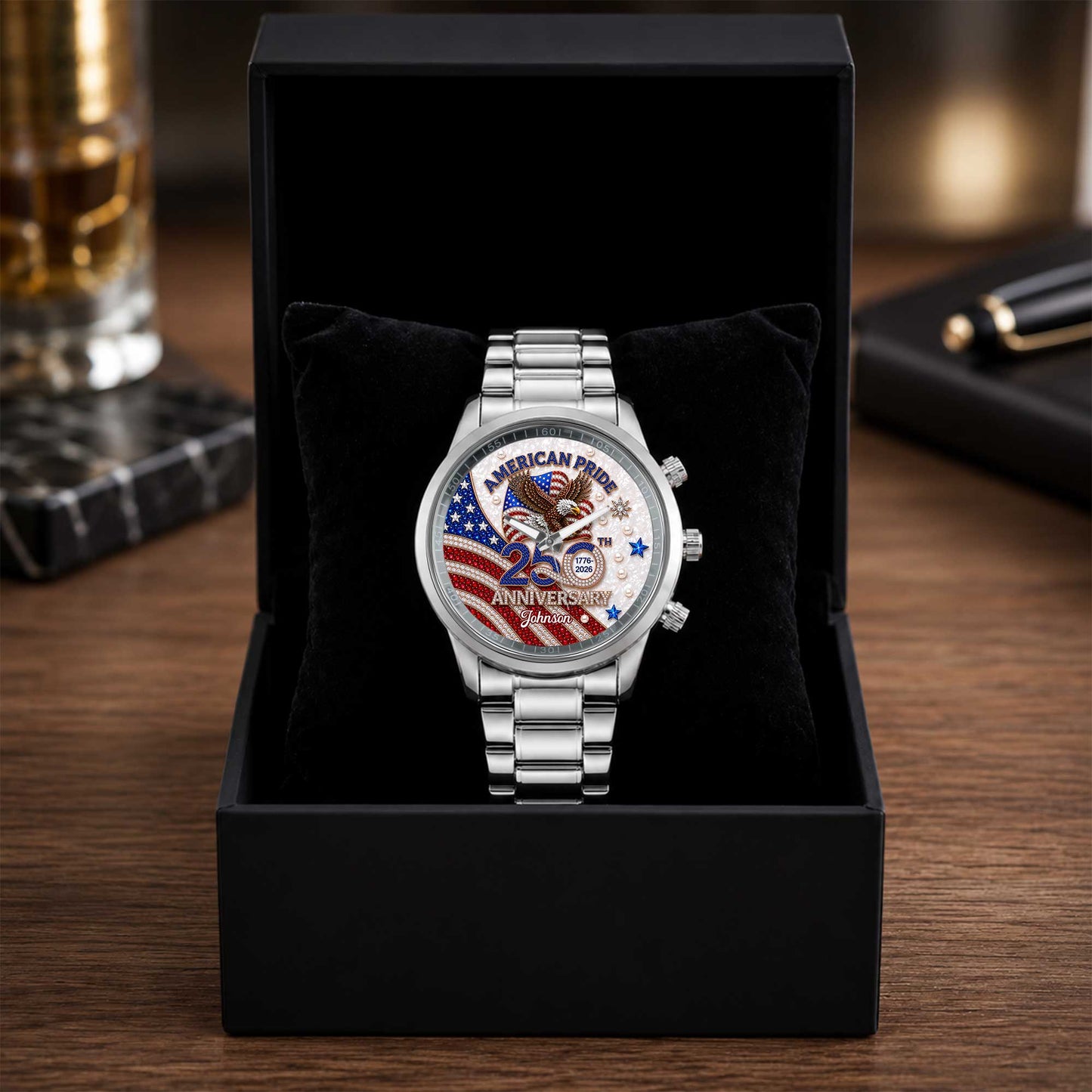 American Pride Anniversary With Eagle And Flag Design - Personalized Custom Men's Watch - INDE270_CUMWA