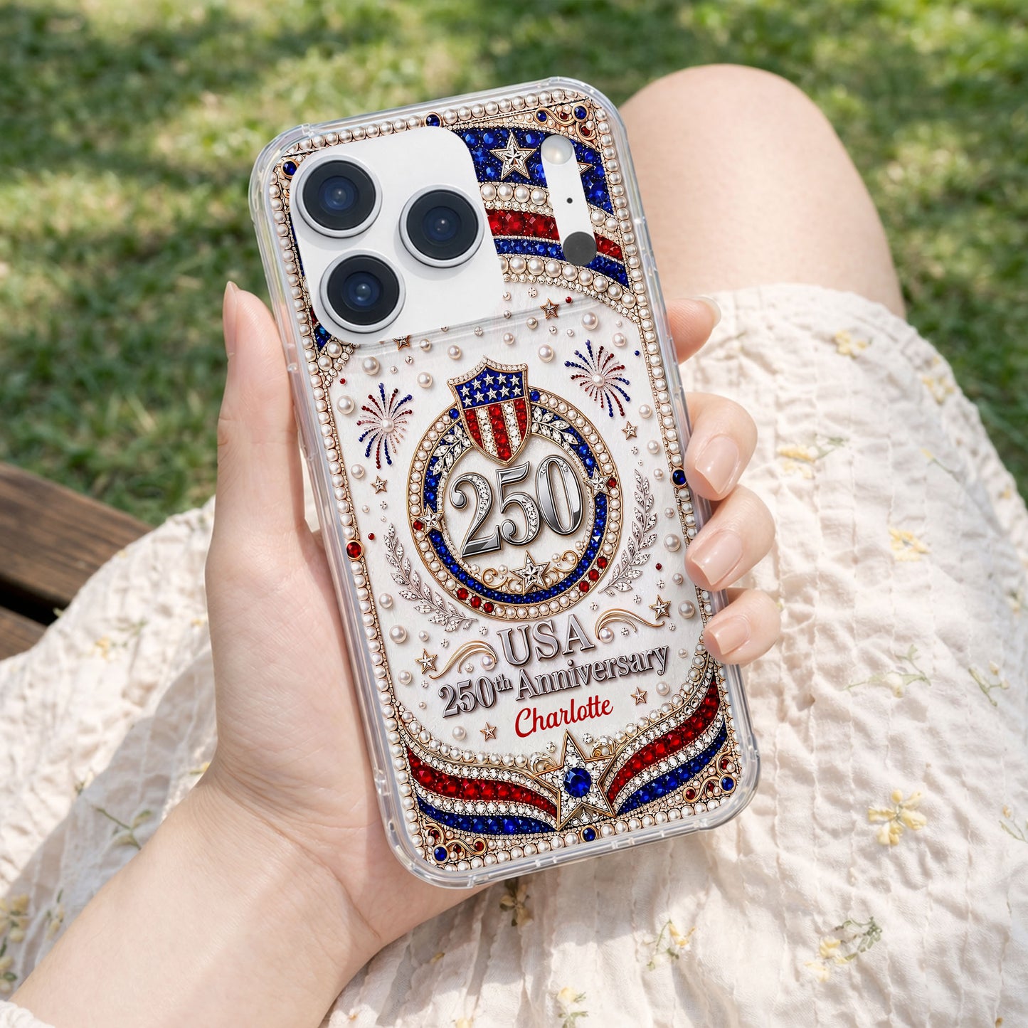 USA Anniversary Stars And 3D Rhinestone Pearls - Personalized Clear Phone Case - INDE288_PHC