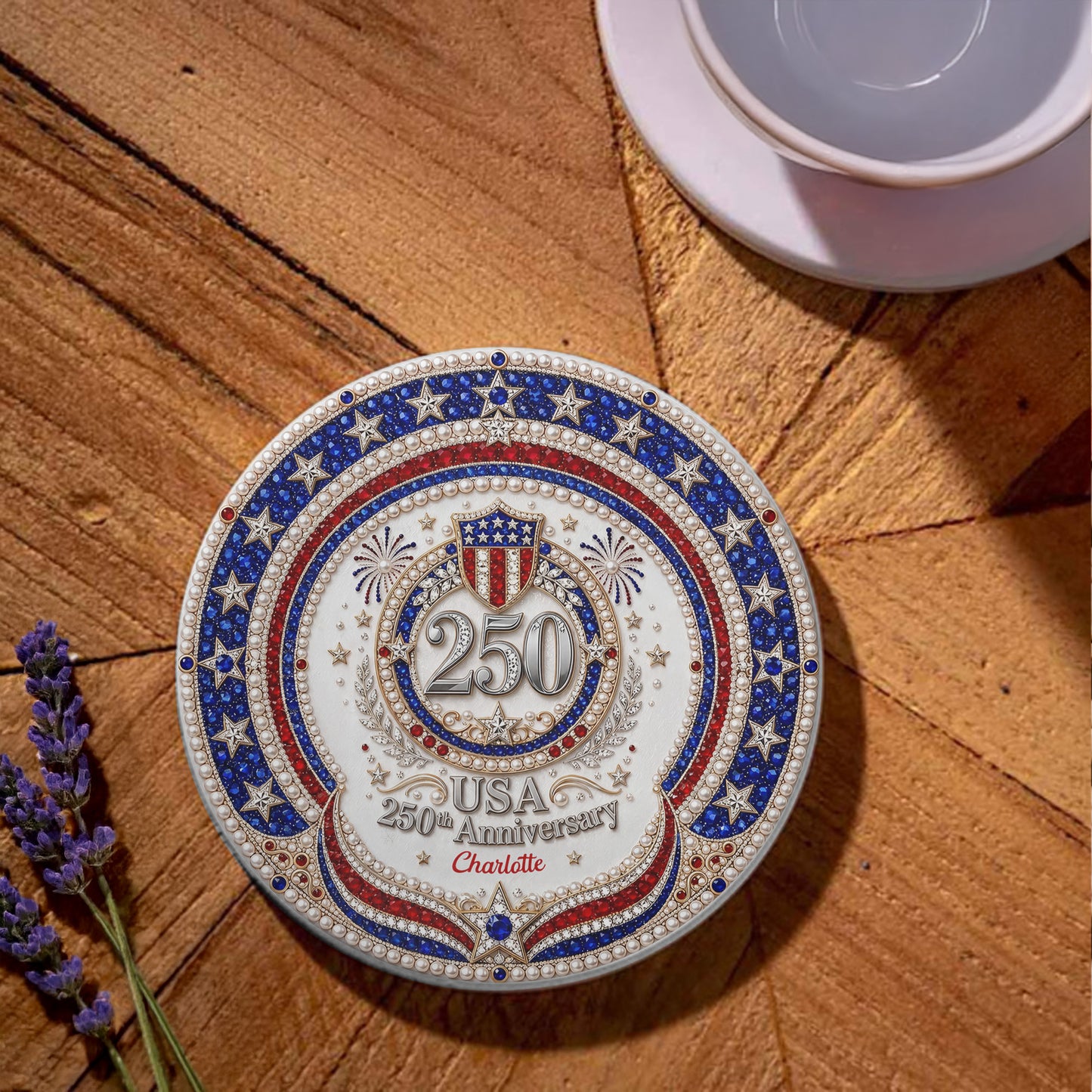 USA 250th Anniversary Patriotic Stars And 3D Rhinestone Shield - Personalized Custom Ceramic Coaster - INDE288_ROCO