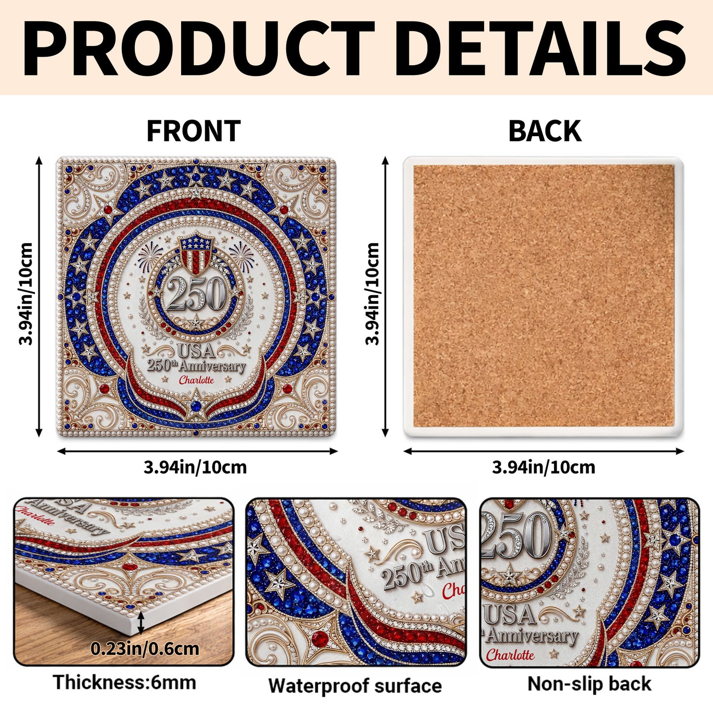 USA 250th Anniversary Patriotic Stars And Shield Rhinestone Design - Personalized Custom Ceramic Coaster, Square Shape - INDE288_SOCO