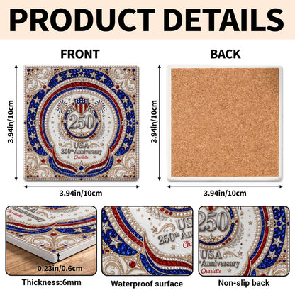 USA 250th Anniversary Patriotic Stars And Shield Rhinestone Design - Personalized Custom Ceramic Coaster, Square Shape - INDE288_SOCO
