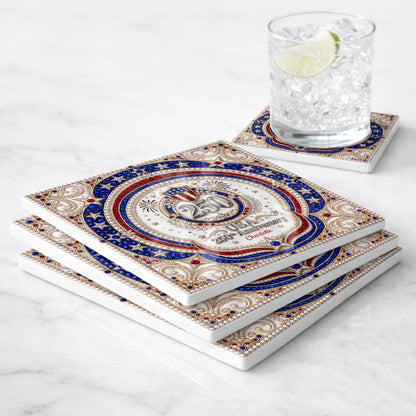 USA 250th Anniversary Patriotic Stars And Shield Rhinestone Design - Personalized Custom Ceramic Coaster, Square Shape - INDE288_SOCO