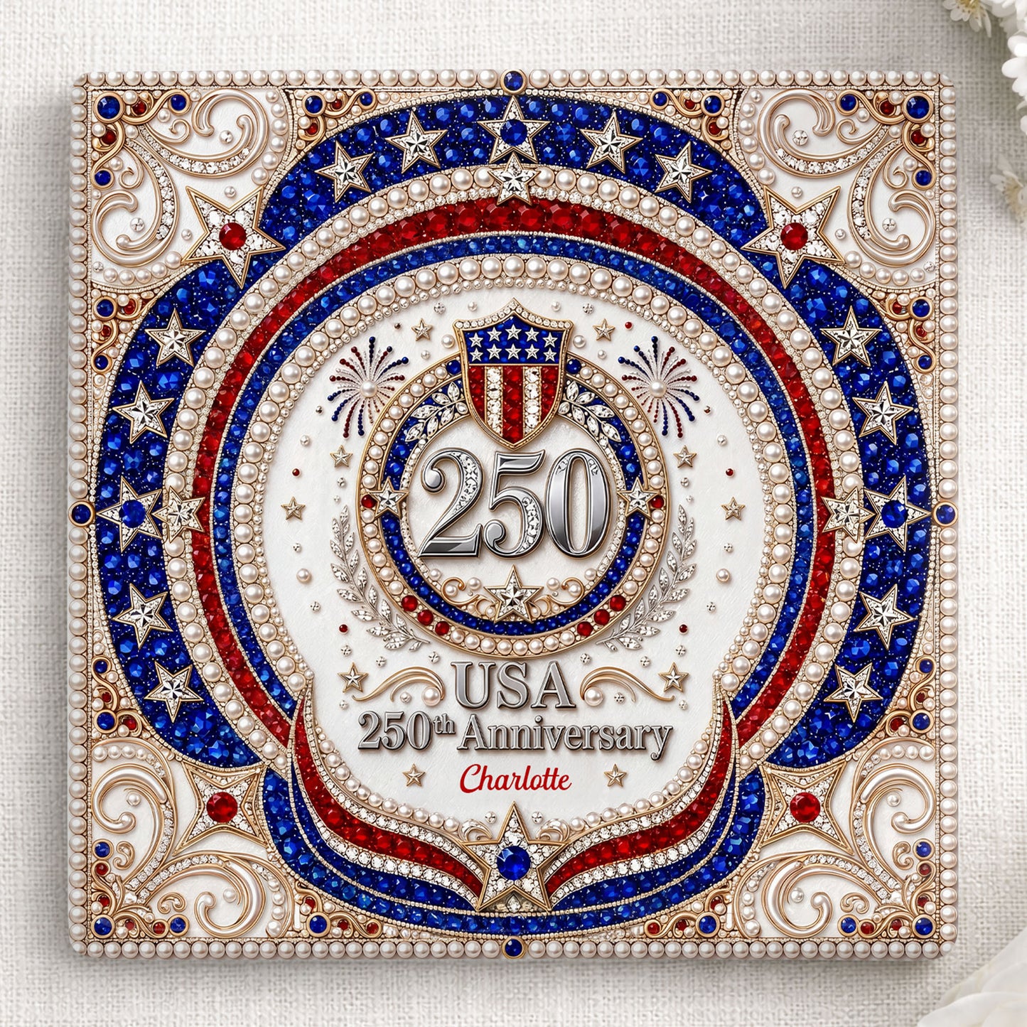 USA 250th Anniversary Patriotic Stars And Shield Rhinestone Design - Personalized Custom Ceramic Coaster, Square Shape - INDE288_SOCO