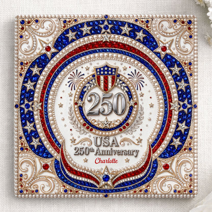 USA 250th Anniversary Patriotic Stars And Shield Rhinestone Design - Personalized Custom Ceramic Coaster, Square Shape - INDE288_SOCO