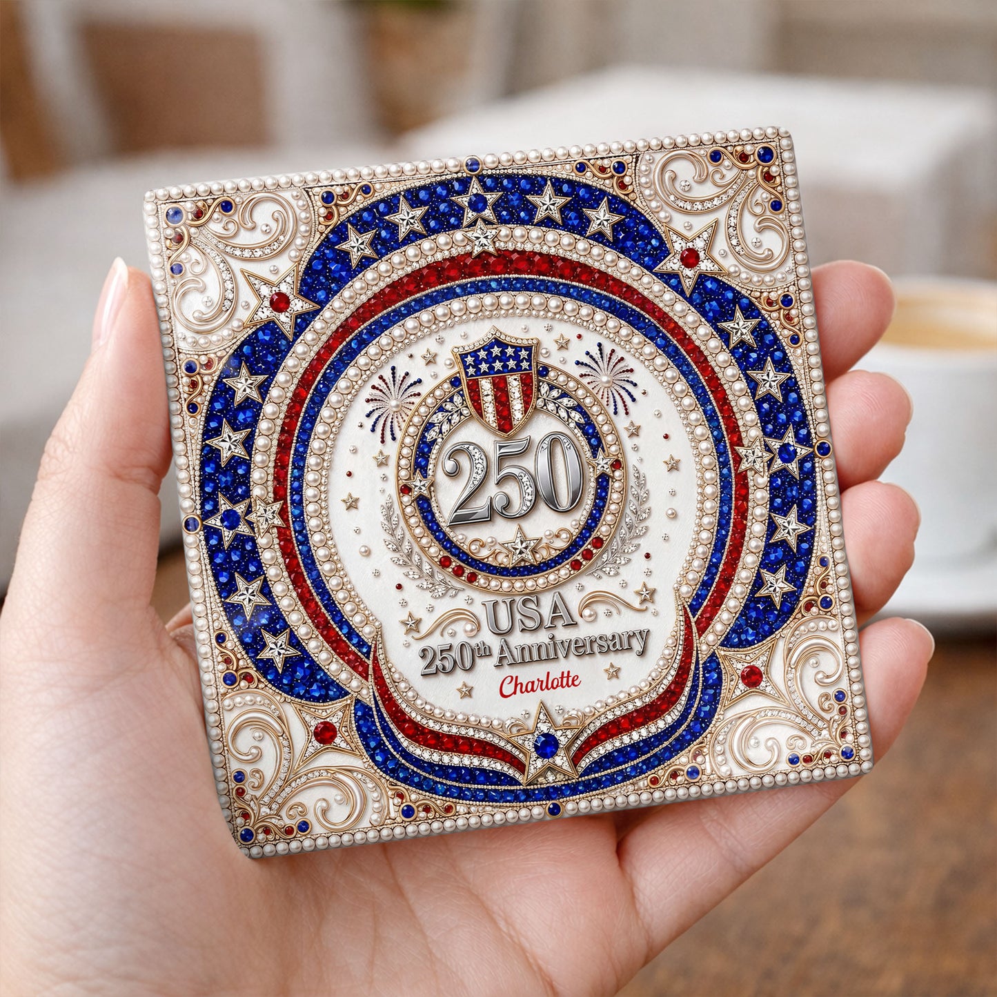 USA 250th Anniversary Patriotic Stars And Shield Rhinestone Design - Personalized Custom Ceramic Coaster, Square Shape - INDE288_SOCO