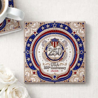USA 250th Anniversary Patriotic Stars And Shield Rhinestone Design - Personalized Custom Ceramic Coaster, Square Shape - INDE288_SOCO