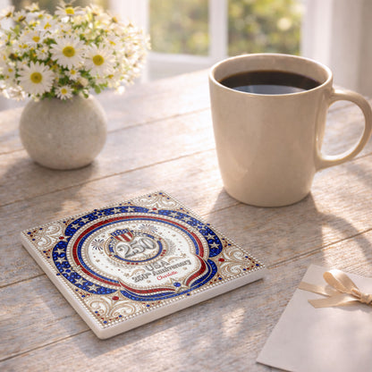 USA 250th Anniversary Patriotic Stars And Shield Rhinestone Design - Personalized Custom Ceramic Coaster, Square Shape - INDE288_SOCO