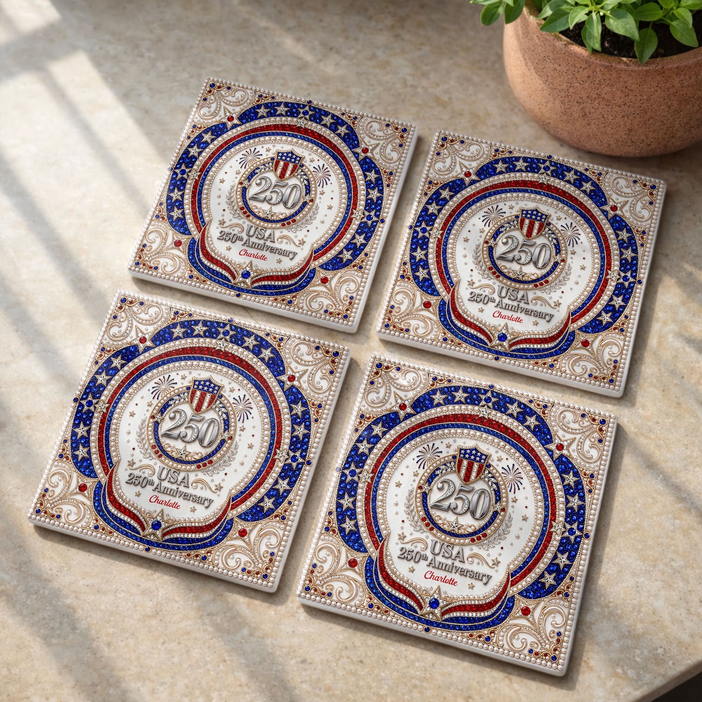 USA 250th Anniversary Patriotic Stars And Shield Rhinestone Design - Personalized Custom Ceramic Coaster, Square Shape - INDE288_SOCO