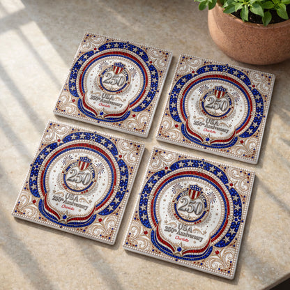 USA 250th Anniversary Patriotic Stars And Shield Rhinestone Design - Personalized Custom Ceramic Coaster, Square Shape - INDE288_SOCO