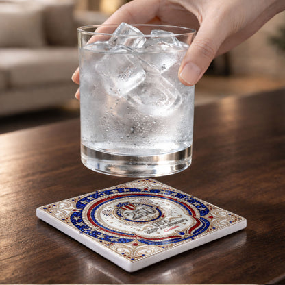 USA 250th Anniversary Patriotic Stars And Shield Rhinestone Design - Personalized Custom Ceramic Coaster, Square Shape - INDE288_SOCO