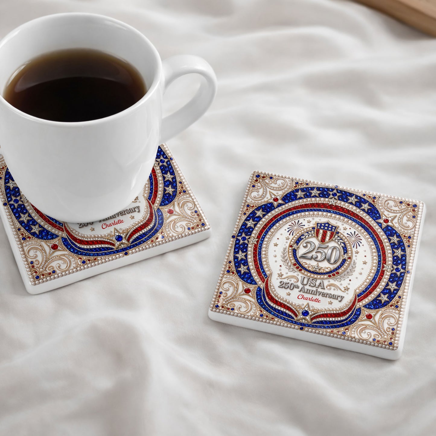 USA 250th Anniversary Patriotic Stars And Shield Rhinestone Design - Personalized Custom Ceramic Coaster, Square Shape - INDE288_SOCO