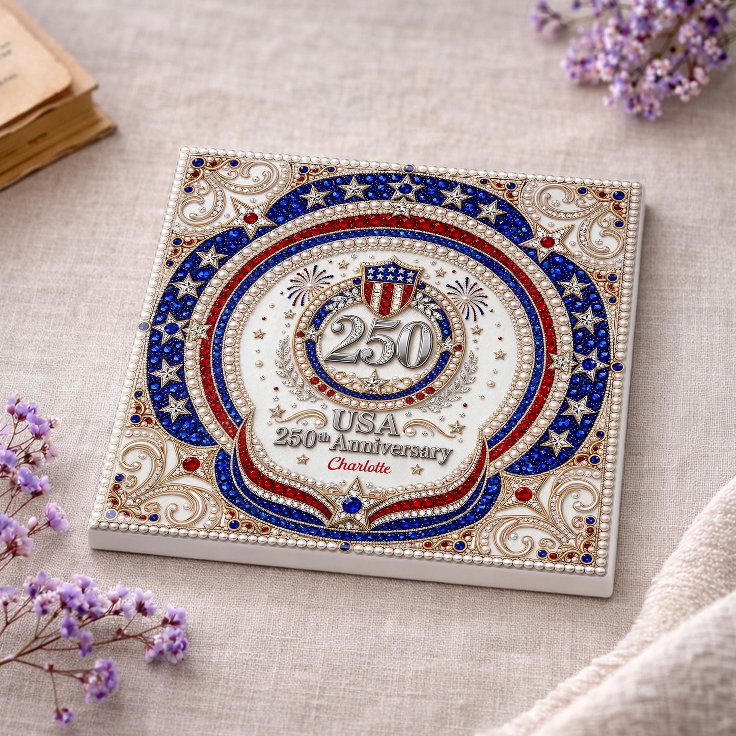 USA 250th Anniversary Patriotic Stars And Shield Rhinestone Design - Personalized Custom Ceramic Coaster, Square Shape - INDE288_SOCO