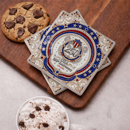 USA 250th Anniversary Patriotic Stars And Shield Rhinestone Design - Personalized Custom Ceramic Coaster, Square Shape - INDE288_SOCO