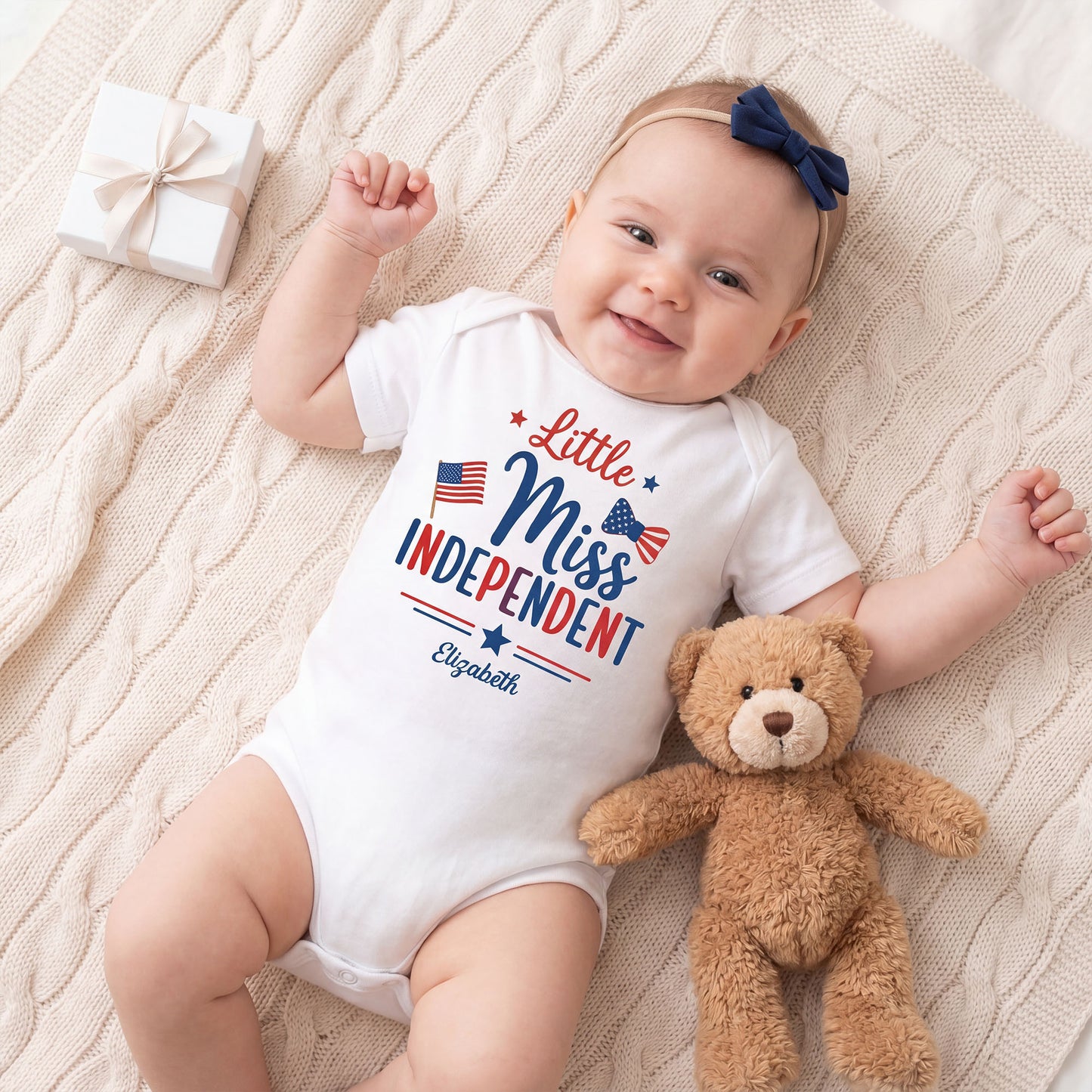 Little Miss Independent Personalized Patriotic American Flag Stars - Personalized Custom Baby Onesie - INDE311_ONES