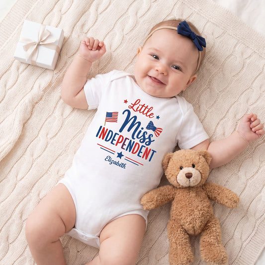 Little Miss Independent Personalized Patriotic American Flag Stars - Personalized Custom Baby Onesie - INDE311_ONES