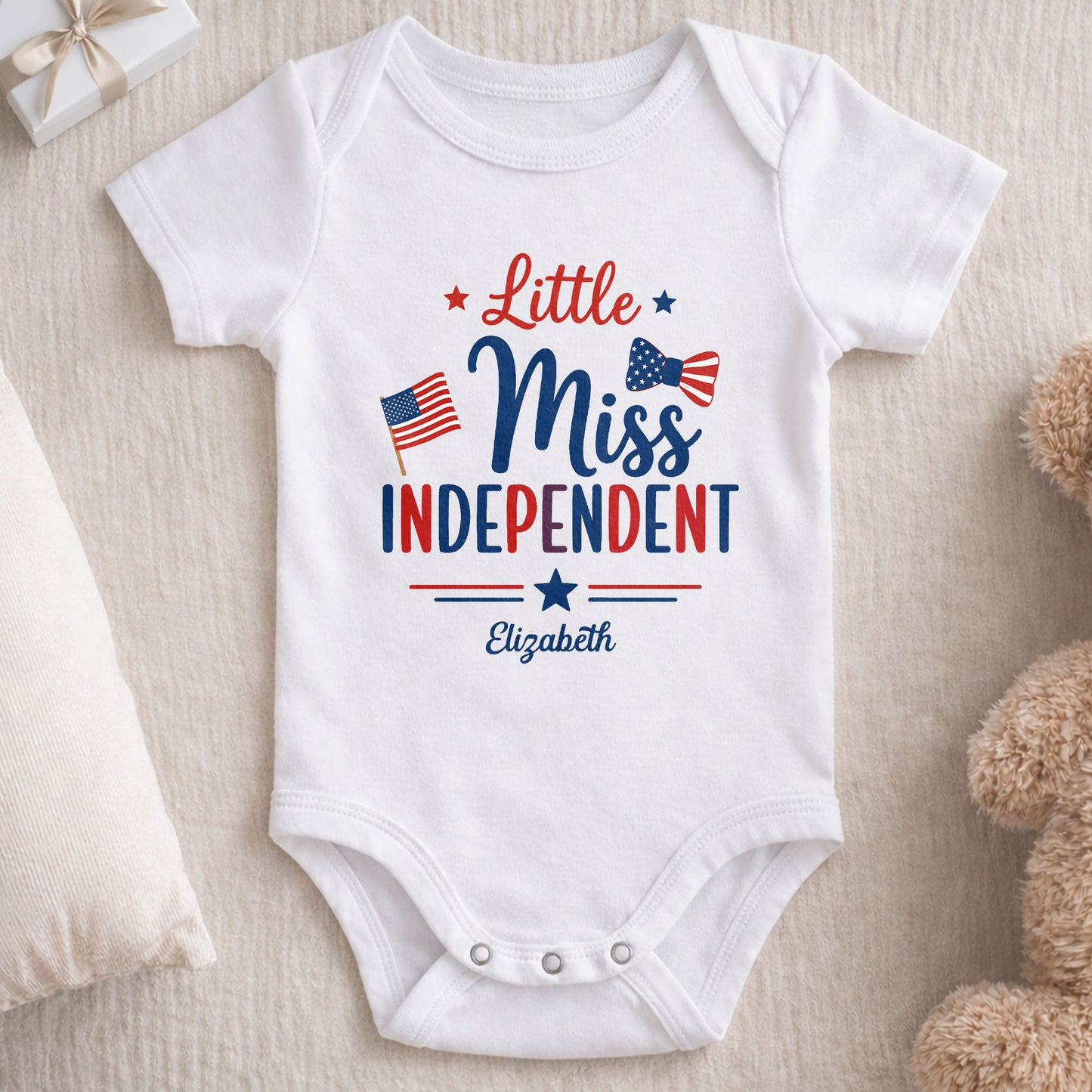 Little Miss Independent Personalized Patriotic American Flag Stars - Personalized Custom Baby Onesie - INDE311_ONES