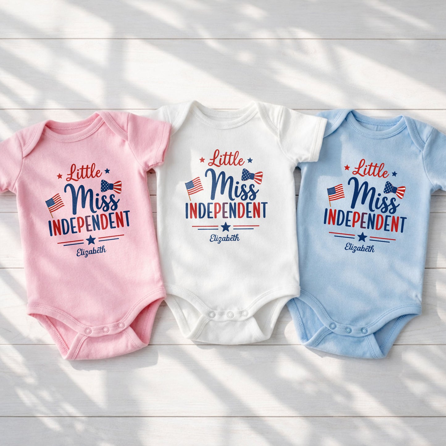 Little Miss Independent Personalized Patriotic American Flag Stars - Personalized Custom Baby Onesie - INDE311_ONES