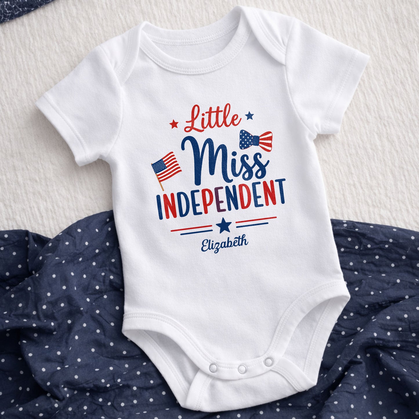 Little Miss Independent Personalized Patriotic American Flag Stars - Personalized Custom Baby Onesie - INDE311_ONES