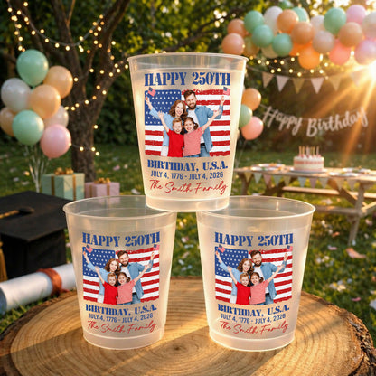 Happy 250th Birthday U.S.A. Custom Family Photo And American Flag - Personalized Frosted Cups - INDE345_FCUP