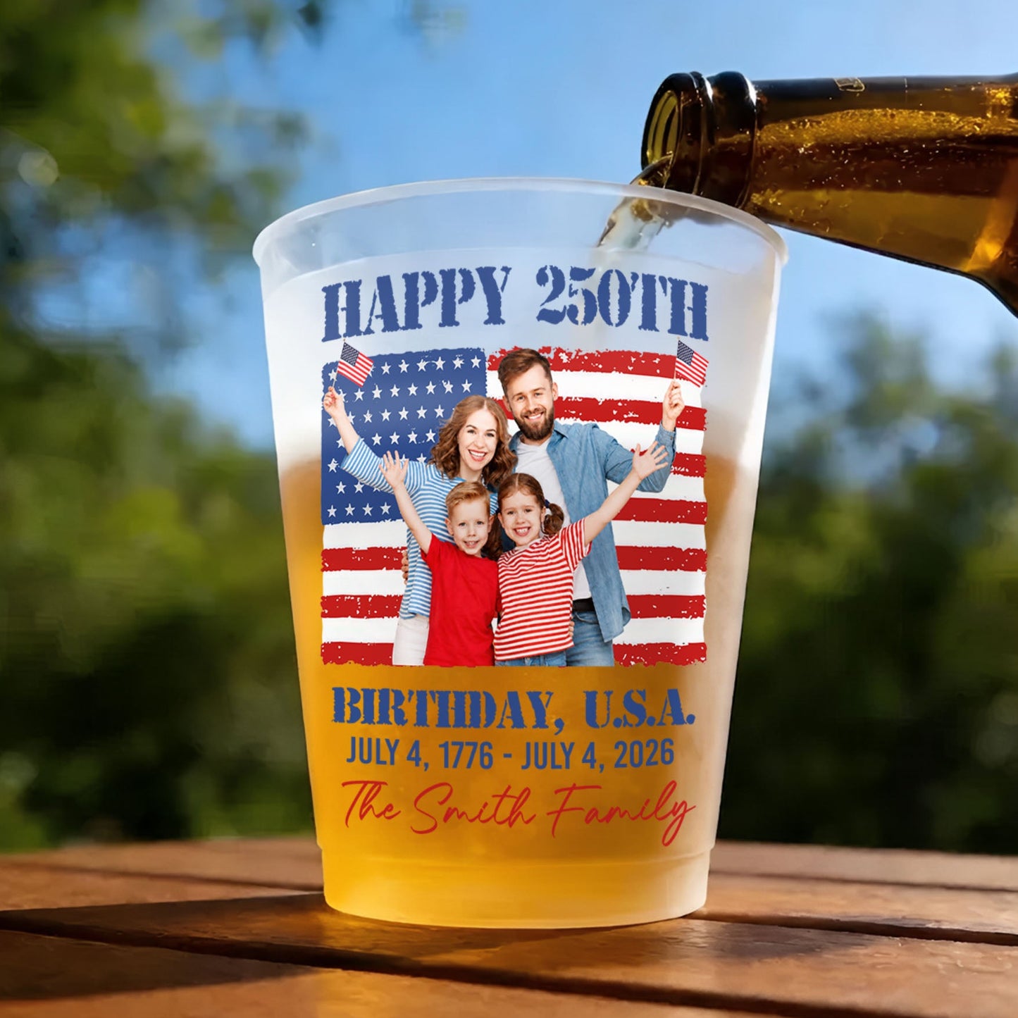 Happy 250th Birthday U.S.A. Custom Family Photo And American Flag - Personalized Frosted Cups - INDE345_FCUP