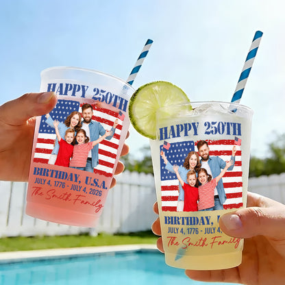 Happy 250th Birthday U.S.A. Custom Family Photo And American Flag - Personalized Frosted Cups - INDE345_FCUP