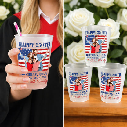 Happy 250th Birthday U.S.A. Custom Family Photo And American Flag - Personalized Frosted Cups - INDE345_FCUP