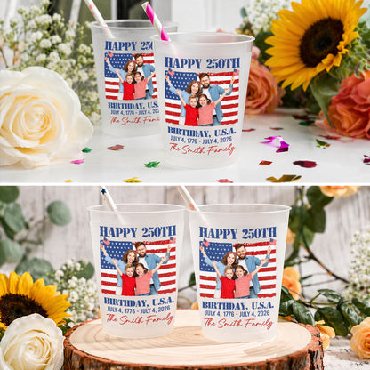 Happy 250th Birthday U.S.A. Custom Family Photo And American Flag - Personalized Frosted Cups - INDE345_FCUP