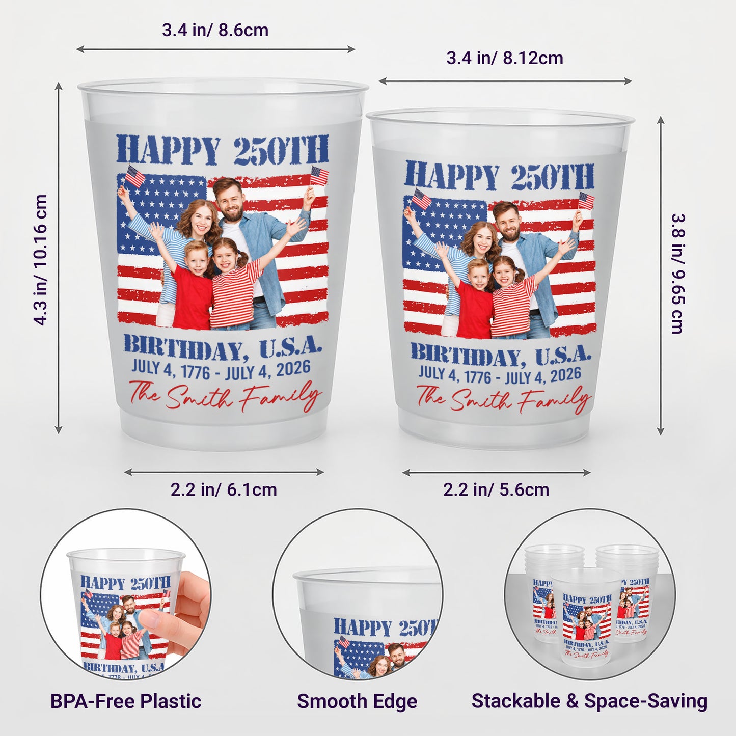 Happy 250th Birthday U.S.A. Custom Family Photo And American Flag - Personalized Frosted Cups - INDE345_FCUP