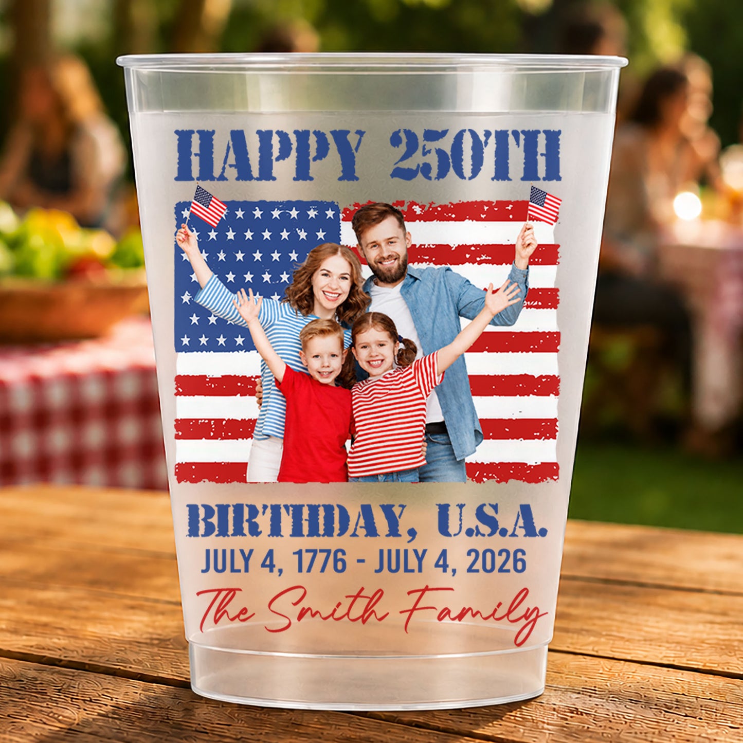 Happy 250th Birthday U.S.A. Custom Family Photo And American Flag - Personalized Frosted Cups - INDE345_FCUP