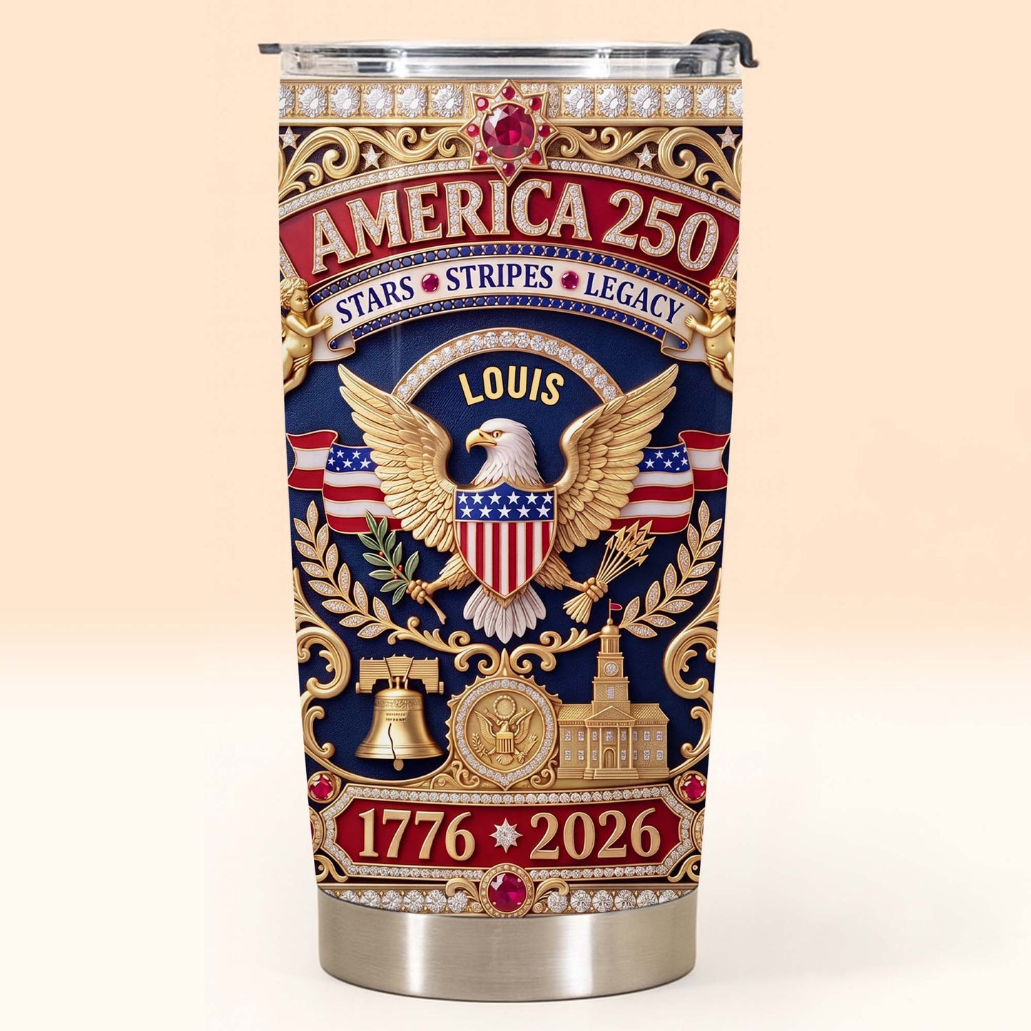 America Stars Stripes Legacy Eagle And Liberty Bell 3D Rhinestone Style - Personalized Custom Stainless Steel Tumbler 20oz - INDE370_USTUM