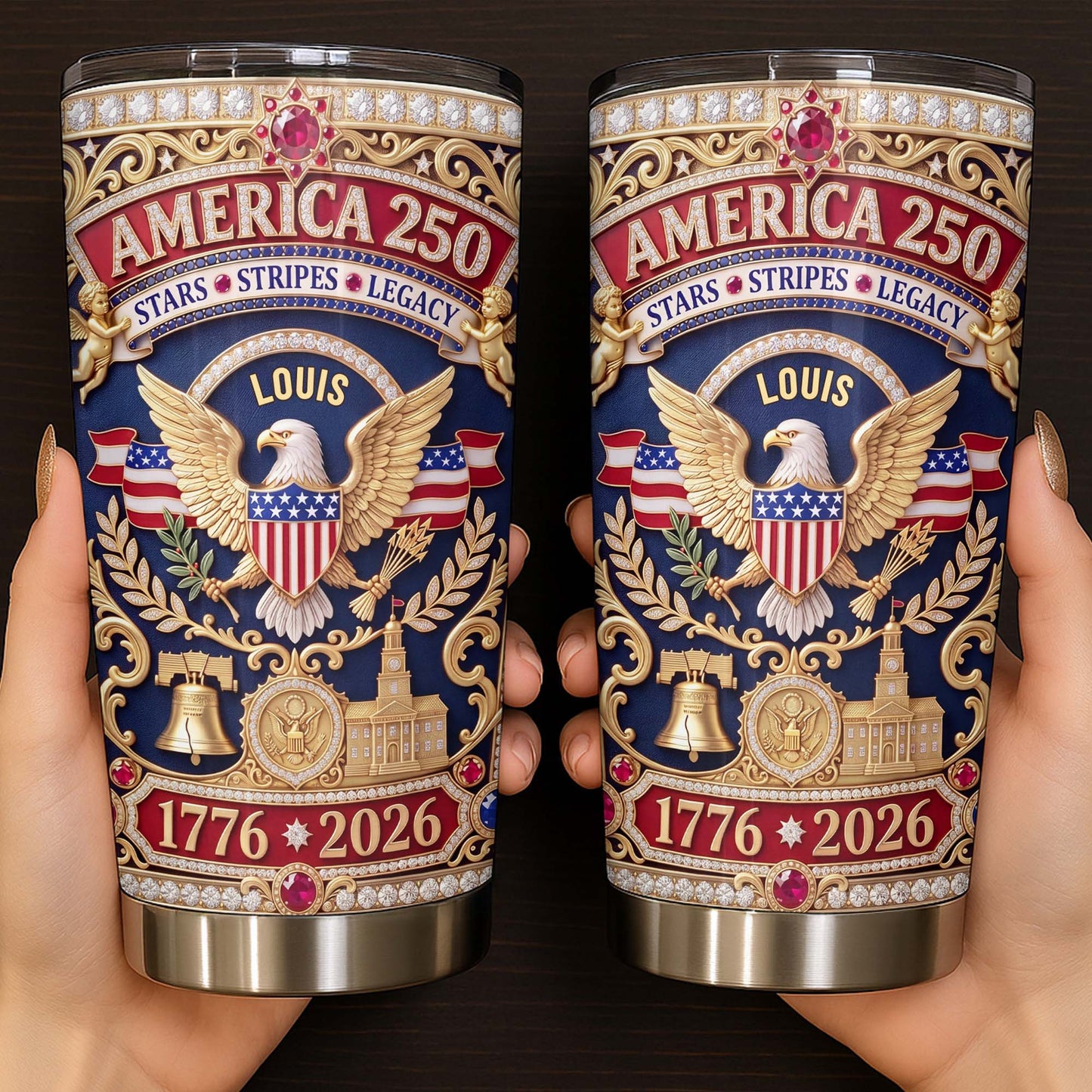 America Stars Stripes Legacy Eagle And Liberty Bell 3D Rhinestone Style - Personalized Custom Stainless Steel Tumbler 20oz - INDE370_USTUM