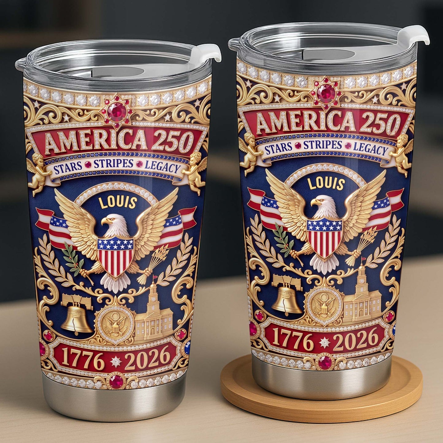 America Stars Stripes Legacy Eagle And Liberty Bell 3D Rhinestone Style - Personalized Custom Stainless Steel Tumbler 20oz - INDE370_USTUM