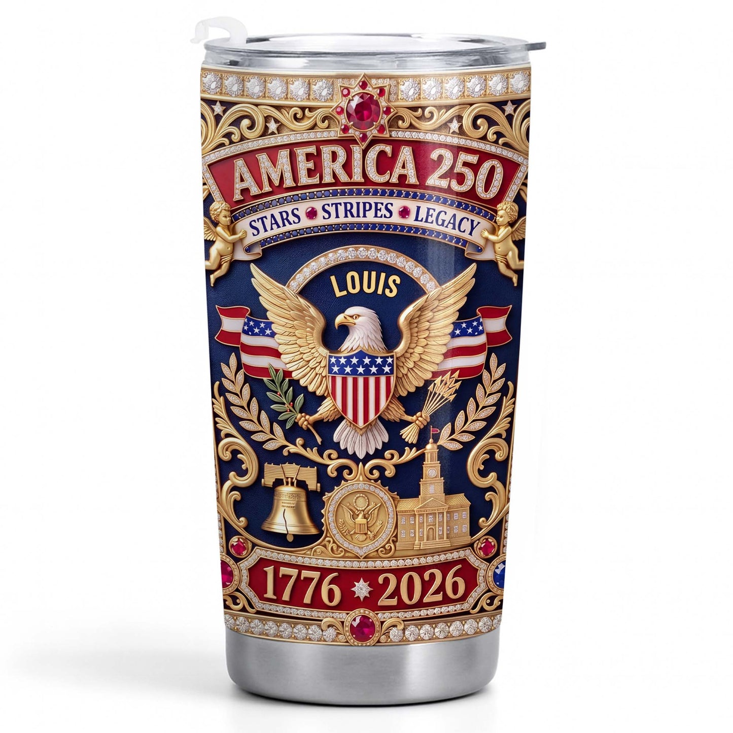 America Stars Stripes Legacy Eagle And Liberty Bell 3D Rhinestone Style - Personalized Custom Stainless Steel Tumbler 20oz - INDE370_USTUM