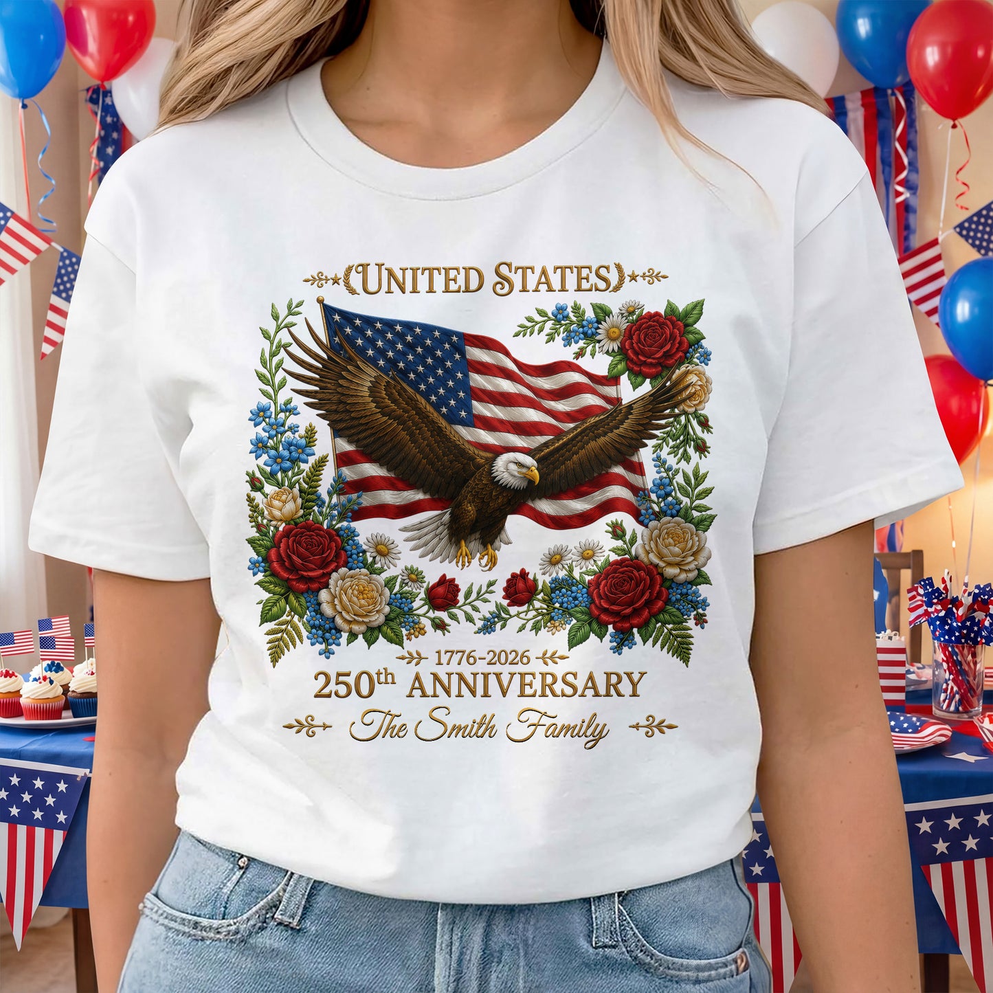 United States 250th Anniversary Eagle and USA Flag with Flowers - Personalized Custom Unisex T-shirt, Hoodie - INDE388_WBAS