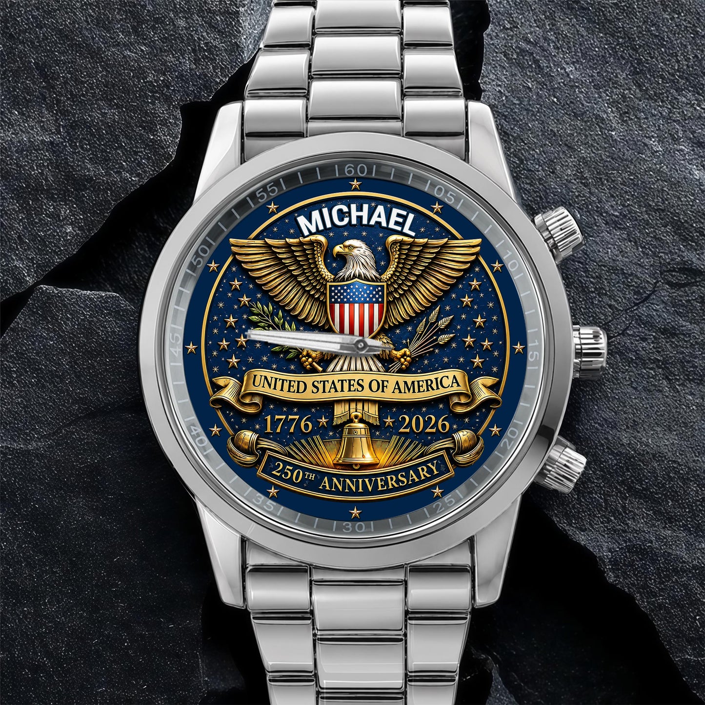 United States Of America Anniversary Eagle And Liberty Bell - Personalized Custom Men's Watch - INDE458_CUMWA