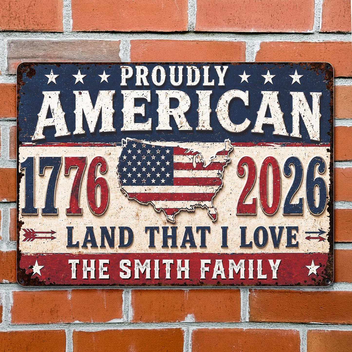 Proudly American Land That I Love With USA Map And Stars - Personalized Metal Sign - INDE470_MSIGN