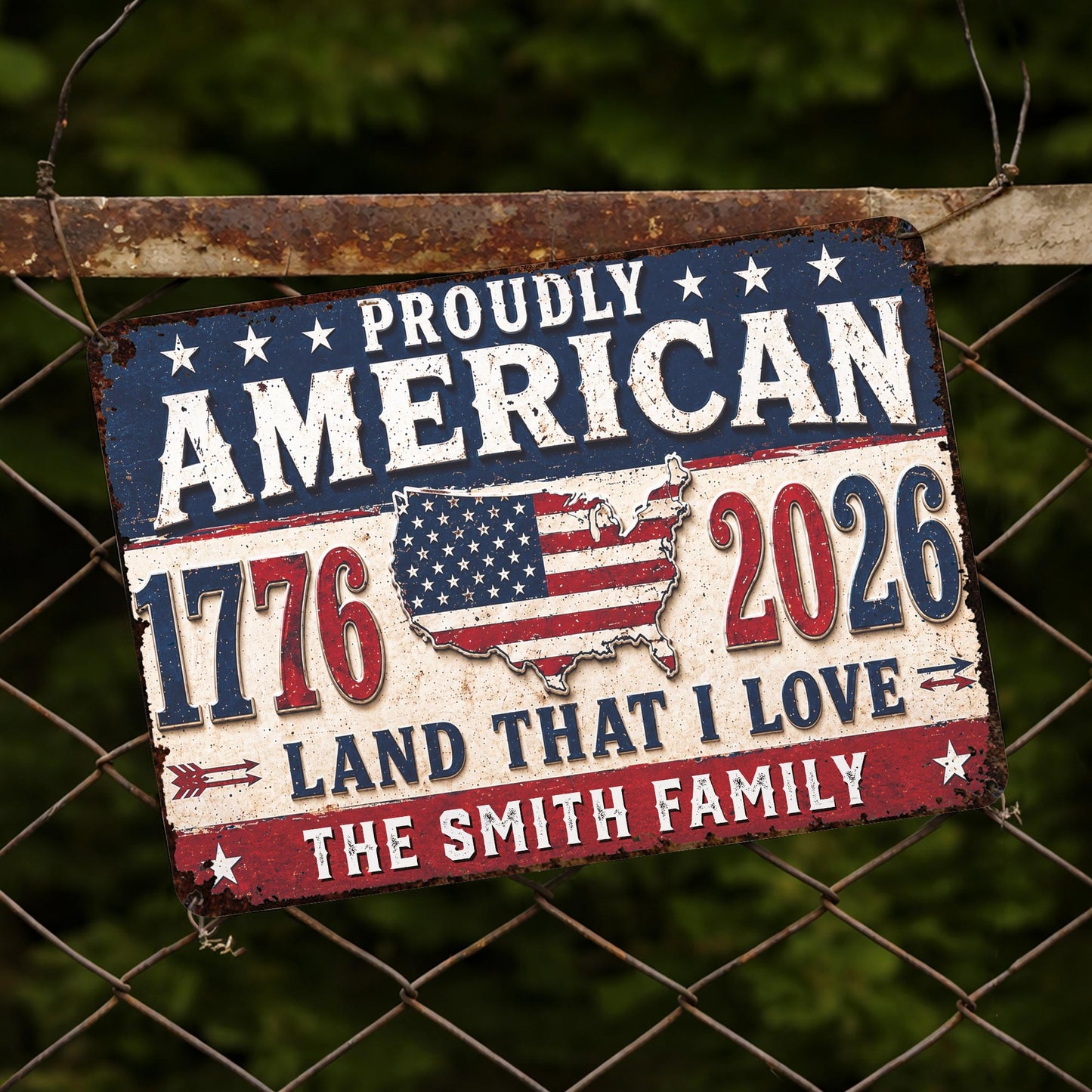Proudly American Land That I Love With USA Map And Stars - Personalized Metal Sign - INDE470_MSIGN