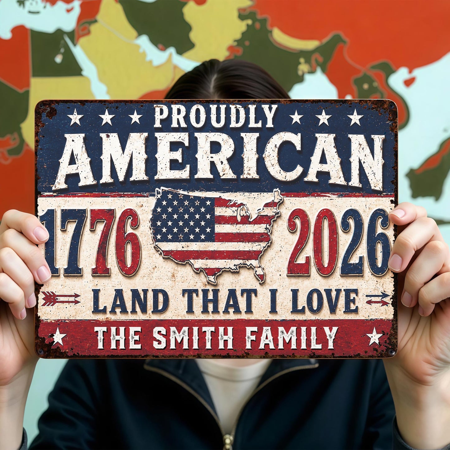 Proudly American Land That I Love With USA Map And Stars - Personalized Metal Sign - INDE470_MSIGN