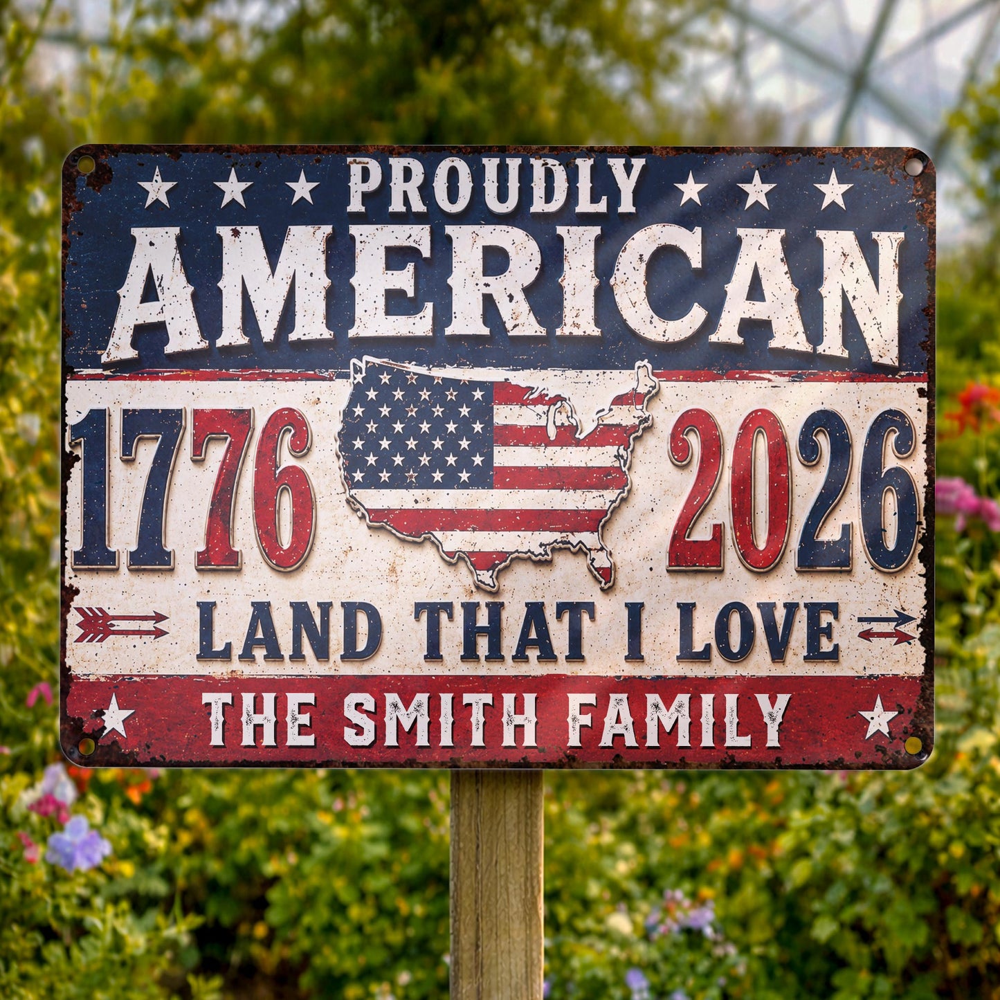 Proudly American Land That I Love With USA Map And Stars - Personalized Metal Sign - INDE470_MSIGN