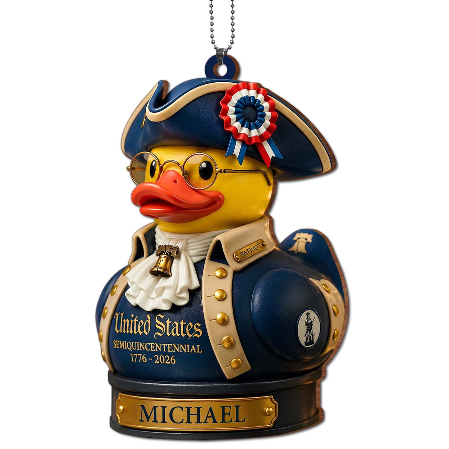 United States Semiquincentennial Patriot Duck With Liberty Bell and Flag - Personalized Custom Wood Ornament, Car Hanging Ornament - INDE528_WCA