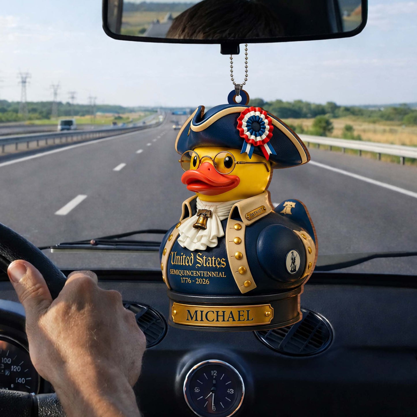 United States Semiquincentennial Patriot Duck With Liberty Bell and Flag - Personalized Custom Wood Ornament, Car Hanging Ornament - INDE528_WCA