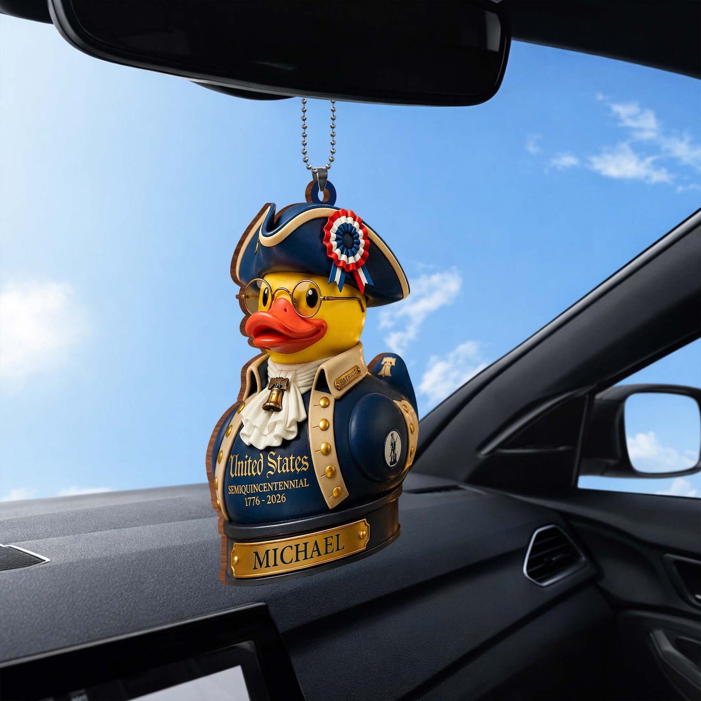 United States Semiquincentennial Patriot Duck With Liberty Bell and Flag - Personalized Custom Wood Ornament, Car Hanging Ornament - INDE528_WCA