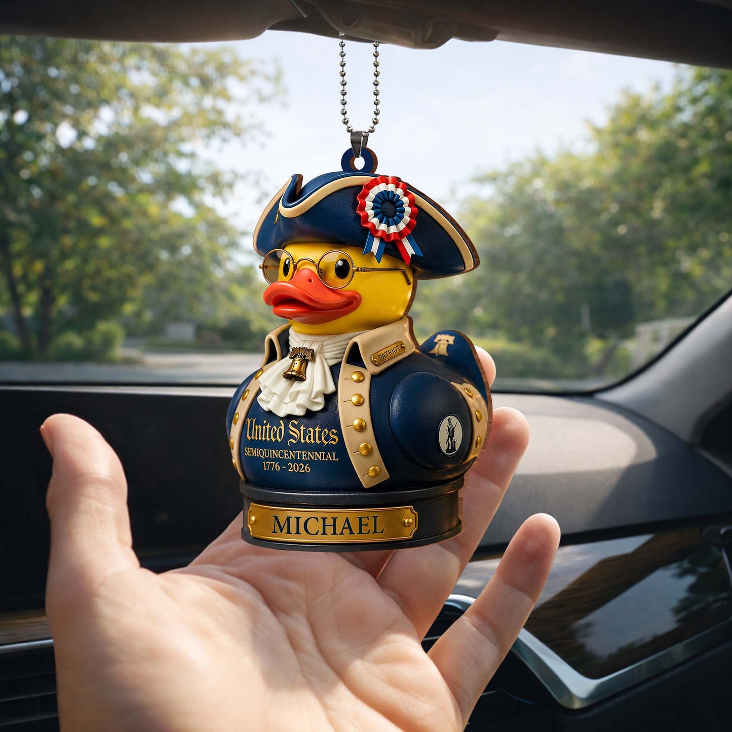 United States Semiquincentennial Patriot Duck With Liberty Bell and Flag - Personalized Custom Wood Ornament, Car Hanging Ornament - INDE528_WCA