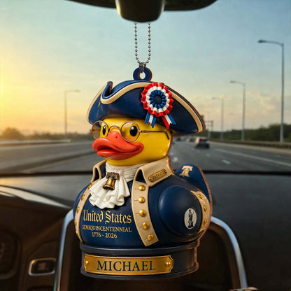 United States Semiquincentennial Patriot Duck With Liberty Bell and Flag - Personalized Custom Wood Ornament, Car Hanging Ornament - INDE528_WCA