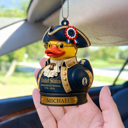 United States Semiquincentennial Patriot Duck With Liberty Bell and Flag - Personalized Custom Wood Ornament, Car Hanging Ornament - INDE528_WCA