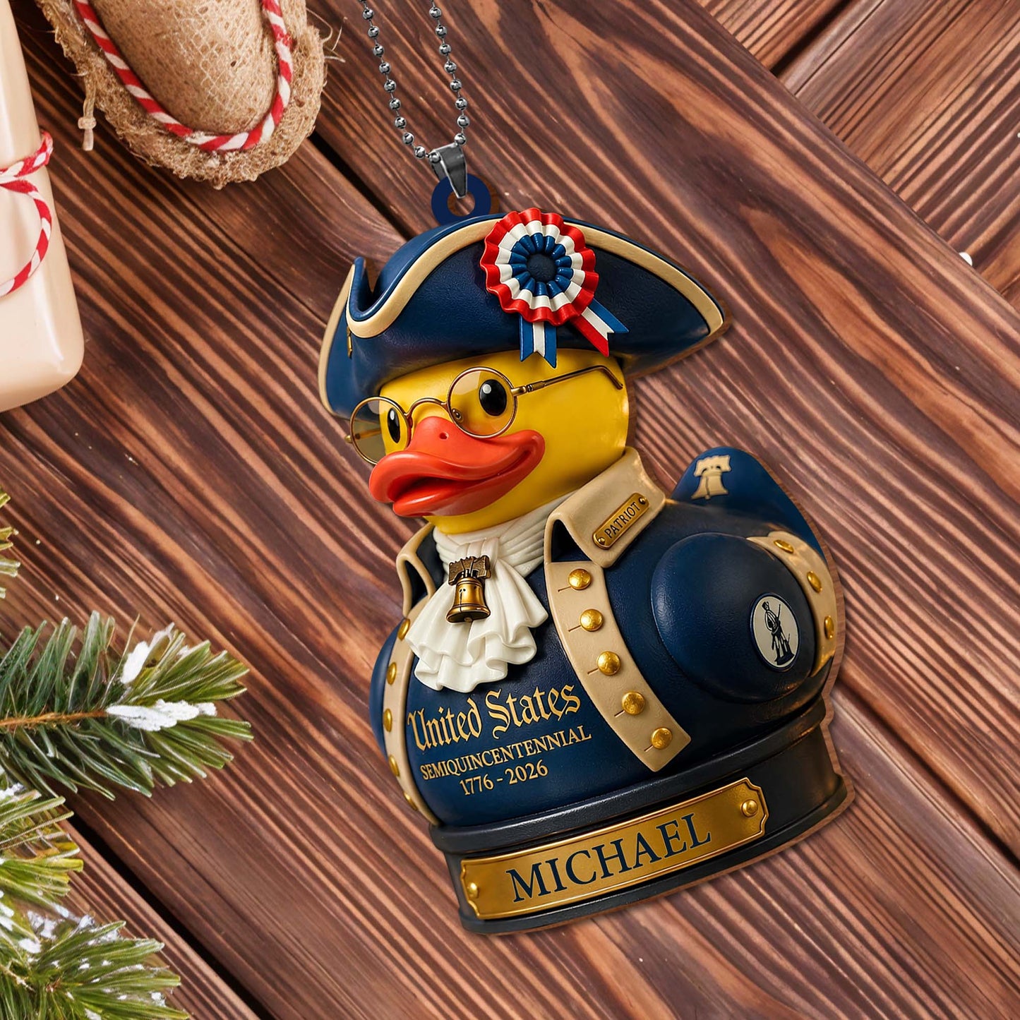 United States Semiquincentennial Patriot Duck With Liberty Bell and Flag - Personalized Custom Wood Ornament, Car Hanging Ornament - INDE528_WCA