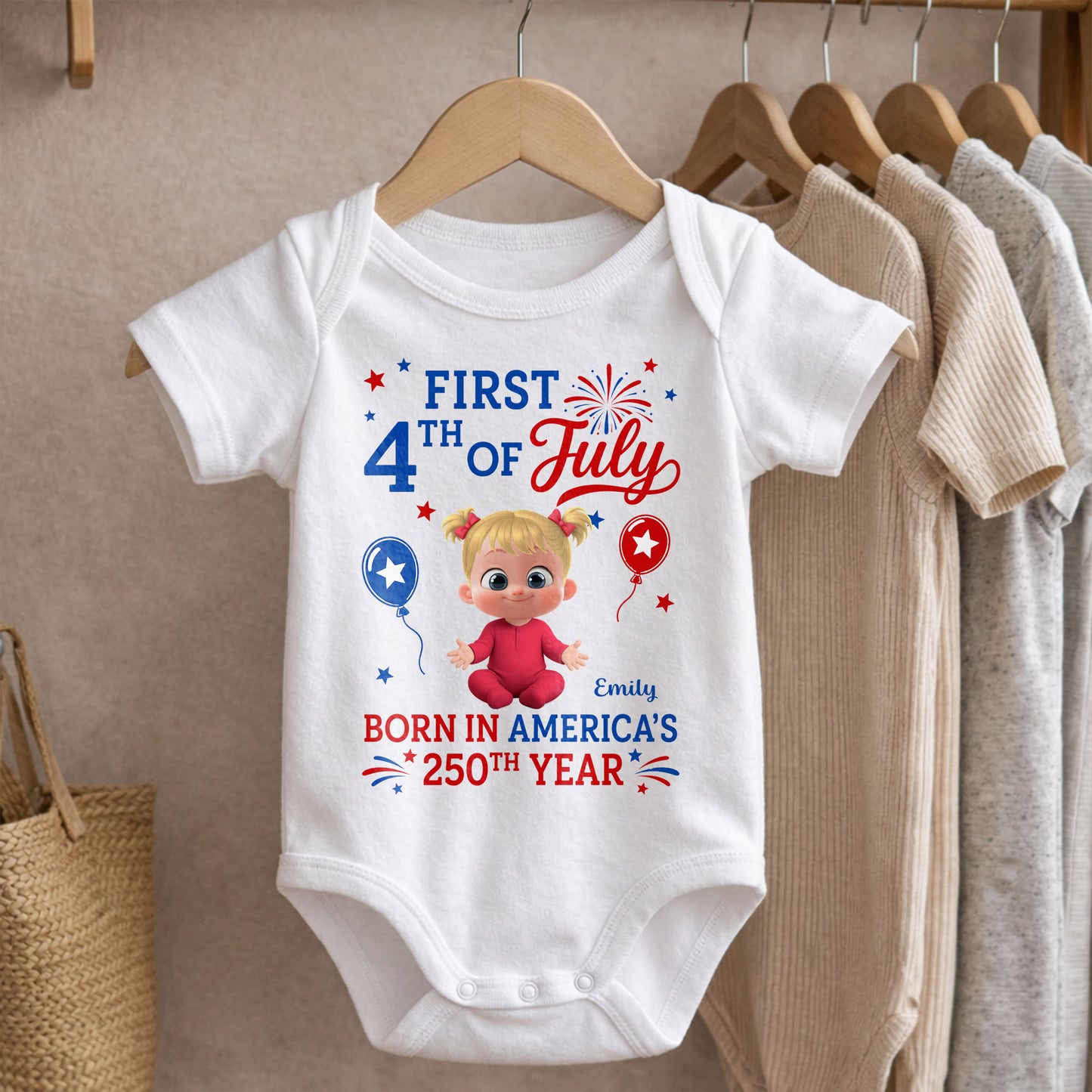 First 4th Of July Born In America 250th Year Baby Girl - Personalized Custom Baby Onesie - INDE579_ONES