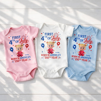 First 4th Of July Born In America 250th Year Baby Girl - Personalized Custom Baby Onesie - INDE579_ONES