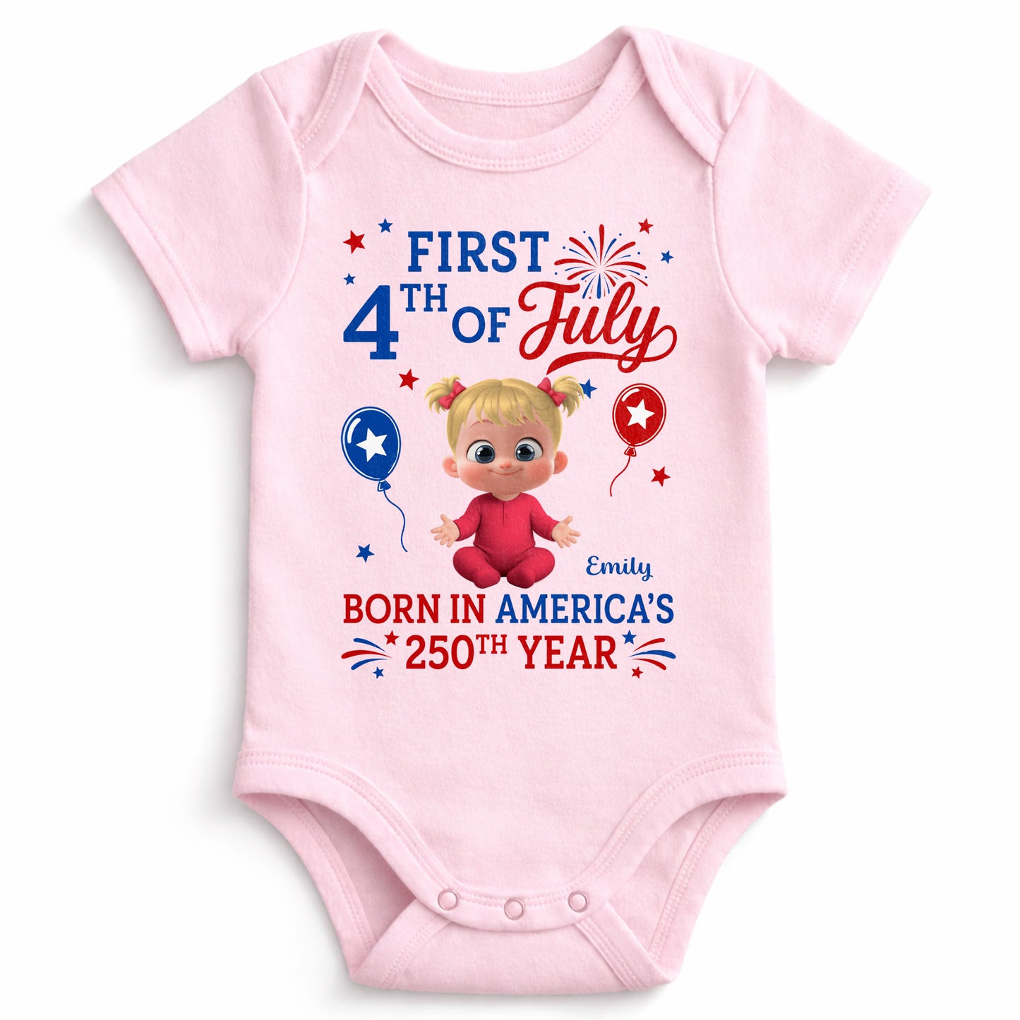 First 4th Of July Born In America 250th Year Baby Girl - Personalized Custom Baby Onesie - INDE579_ONES